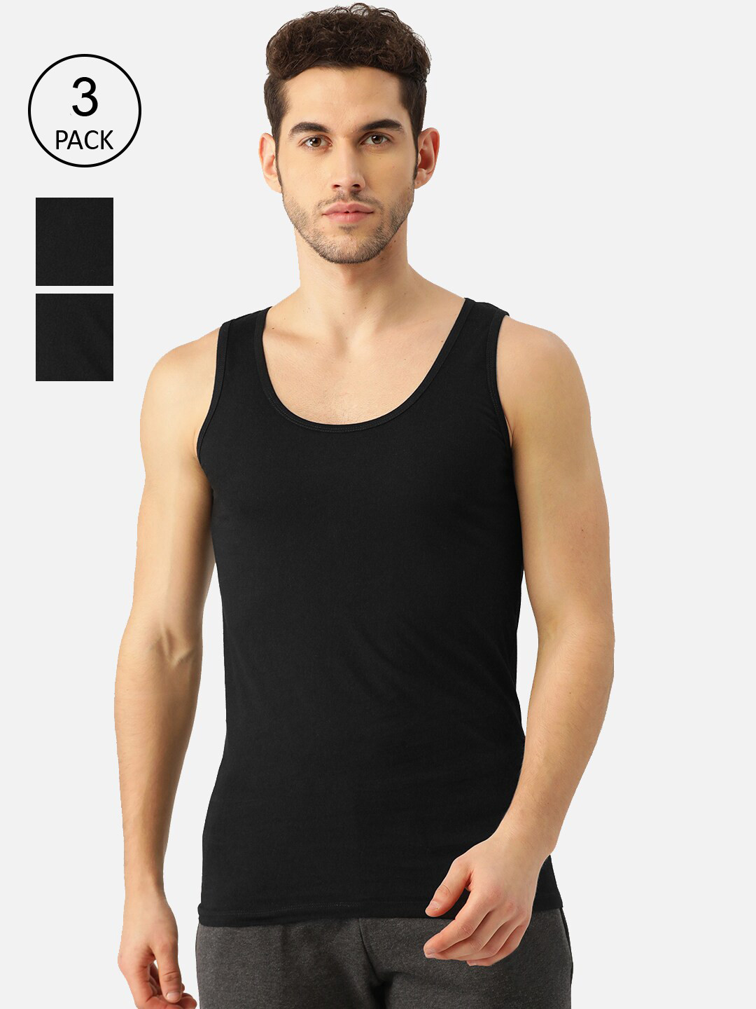 ROMEO ROSSI Men Black Pack of 3 Cotton Innerwear Vests