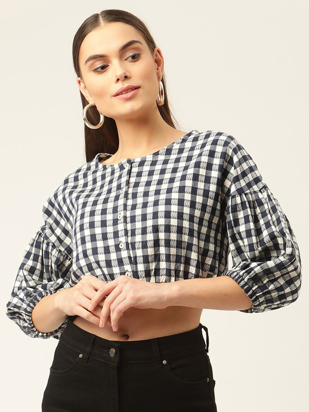 ELLE Blue & White Checked Regular Cotton Crop Top