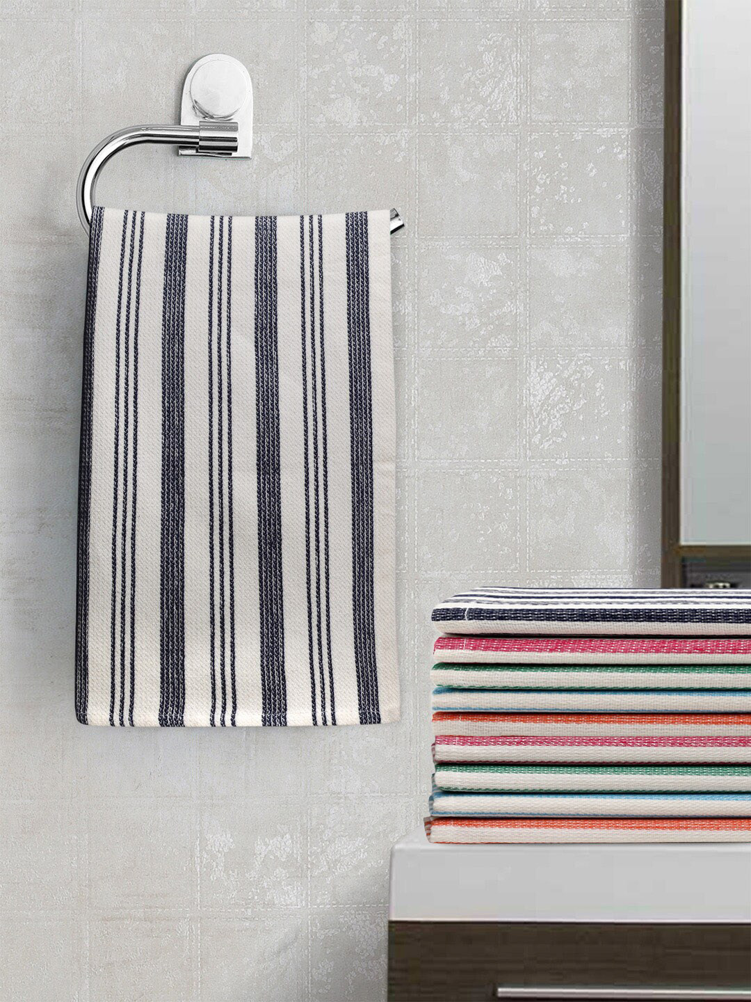 KLOTTHE Set Of 10 Striped Cotton 300 GSM Hand Towels