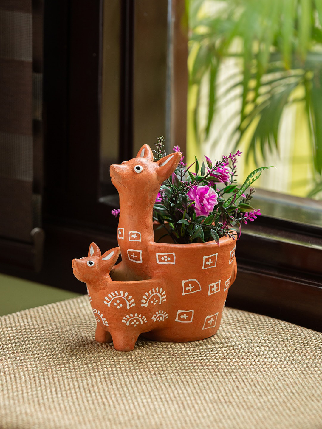 ExclusiveLane Brown & White Hand-Painted Terracotta Table Planter Pot (7 Inches)