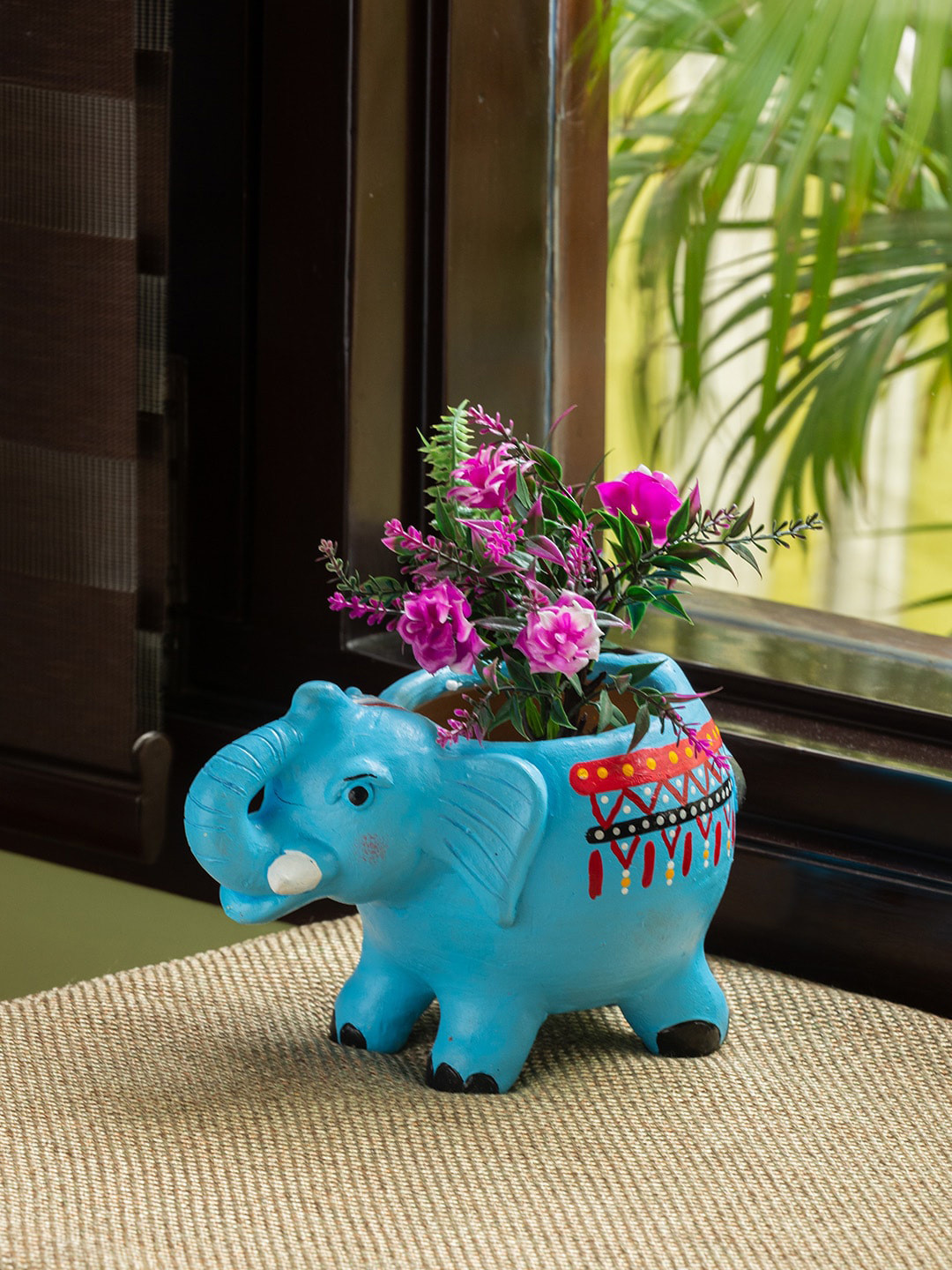 ExclusiveLane Blue & Red Enchanting Elephant Hand-Painted Terracotta Table Planters Pot