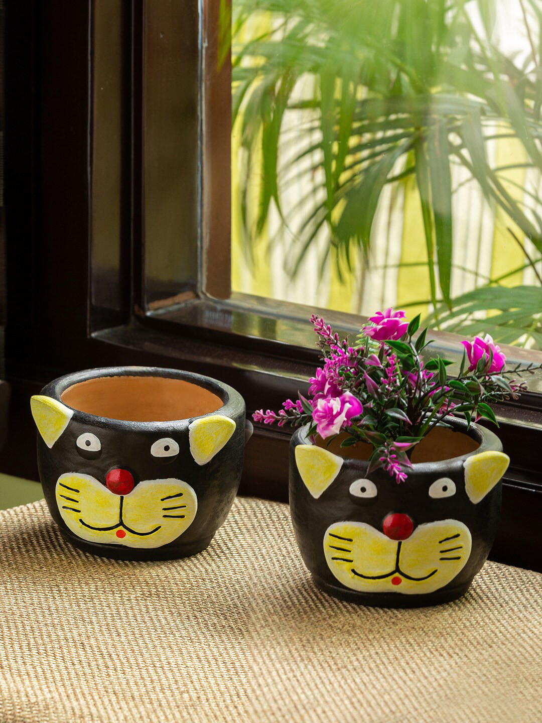 ExclusiveLane Set Of 2 Black & Yellow Meek Meow Handcrafted Terracotta Table Planters Pot