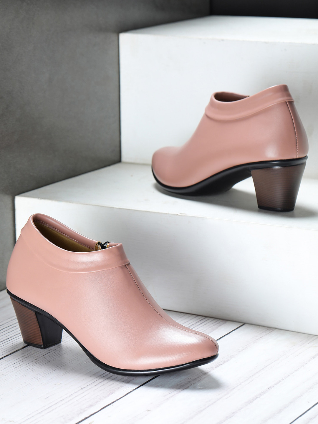 Shezone Peach-Coloured Block Heeled Boots