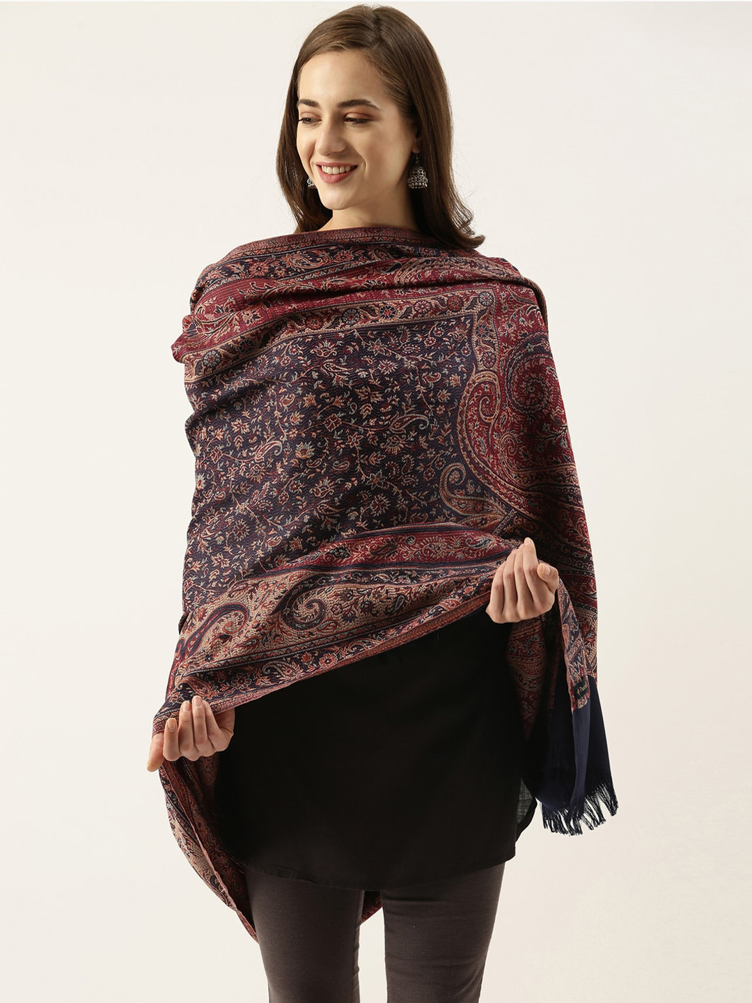 Pashmoda Women Blue And Red Woven Design Shawl