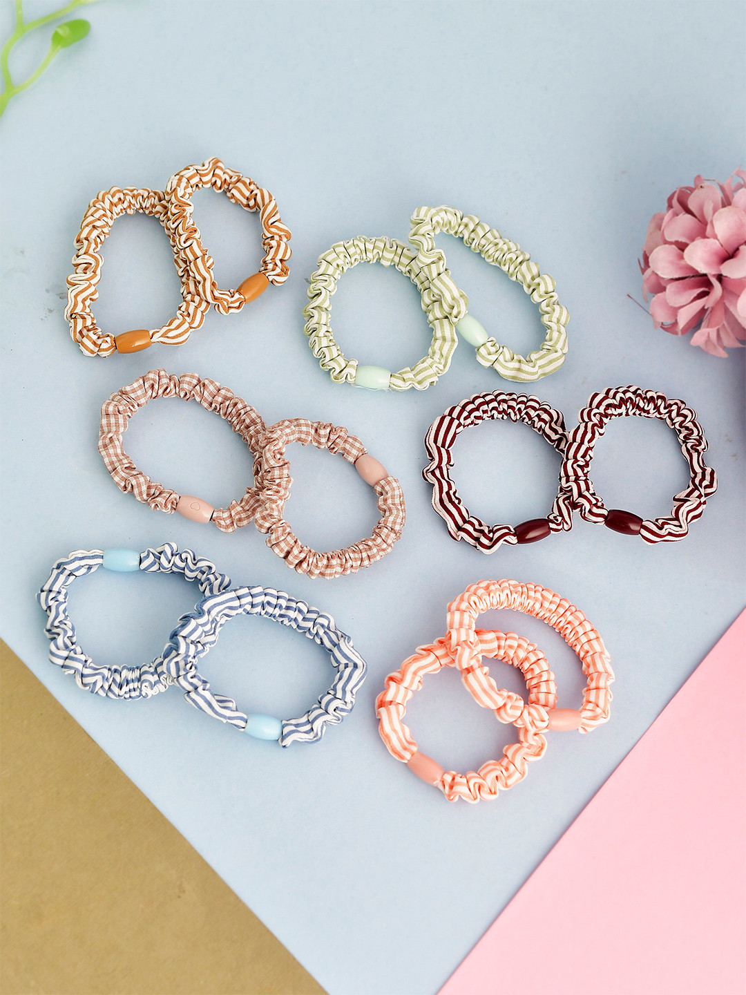 Silvermerc Designs Set Of 12 Women Pink & Blue Embellished Ponytail Holders