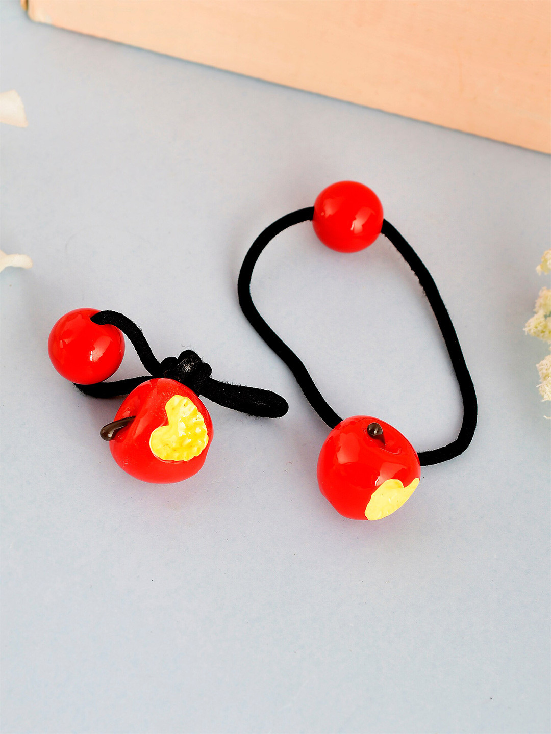 Silvermerc Designs Women Red & Black Set of 2 Apple Embellished Ponytail Holders