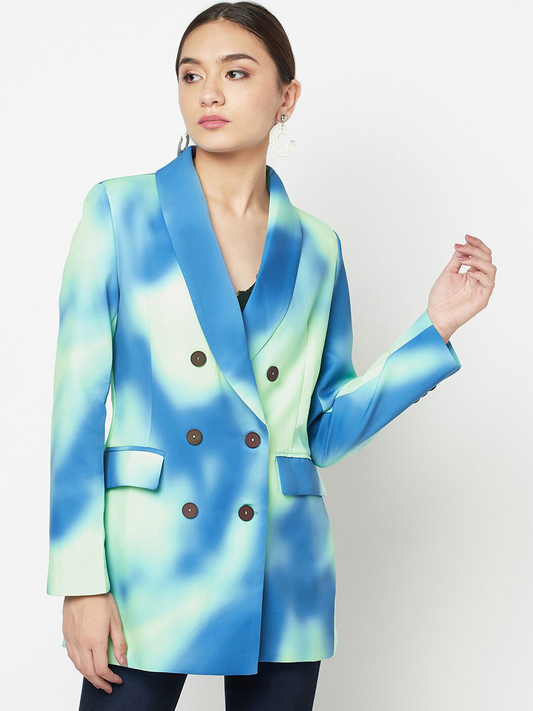 iki chic Women Blue & Off White Polyester Printed Pea Coat