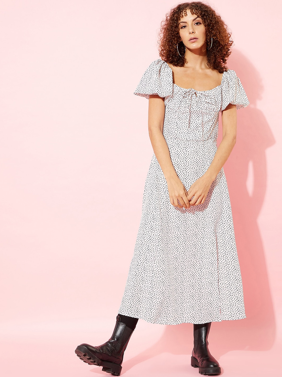 ANVI Be Yourself Grey & Black Polka Dots Printed Crepe Midi Dress