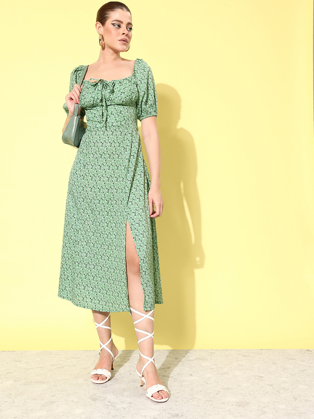 ANVI Be Yourself Floral Printed Tie-Up Neck Crepe Midi Dress