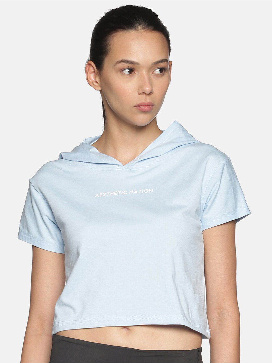 AESTHETIC NATION Women Teal & White Printed Hooded Loose T-shirt