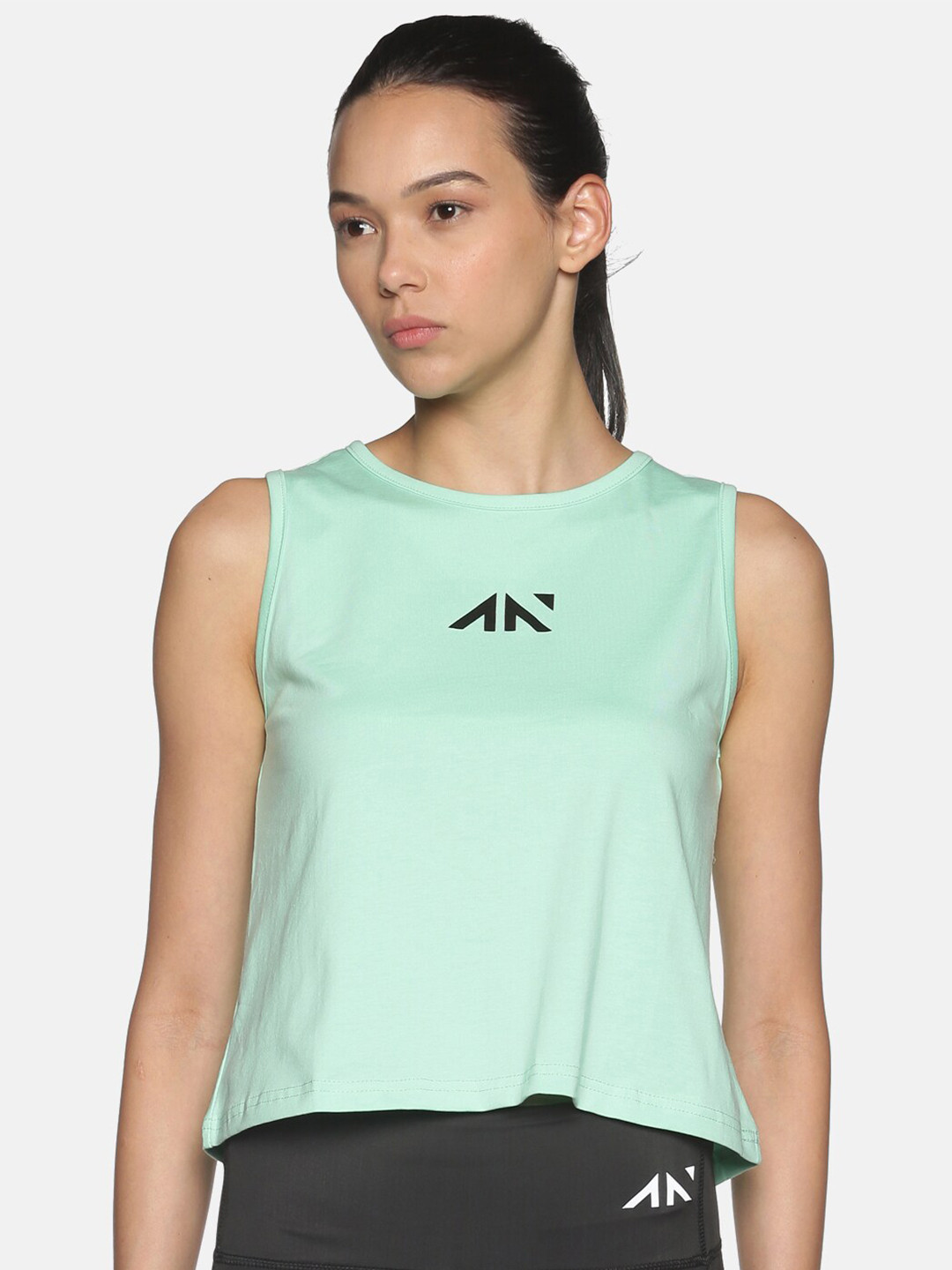 AESTHETIC NATION Women Sea Green & Black Solid Regular T-shirt