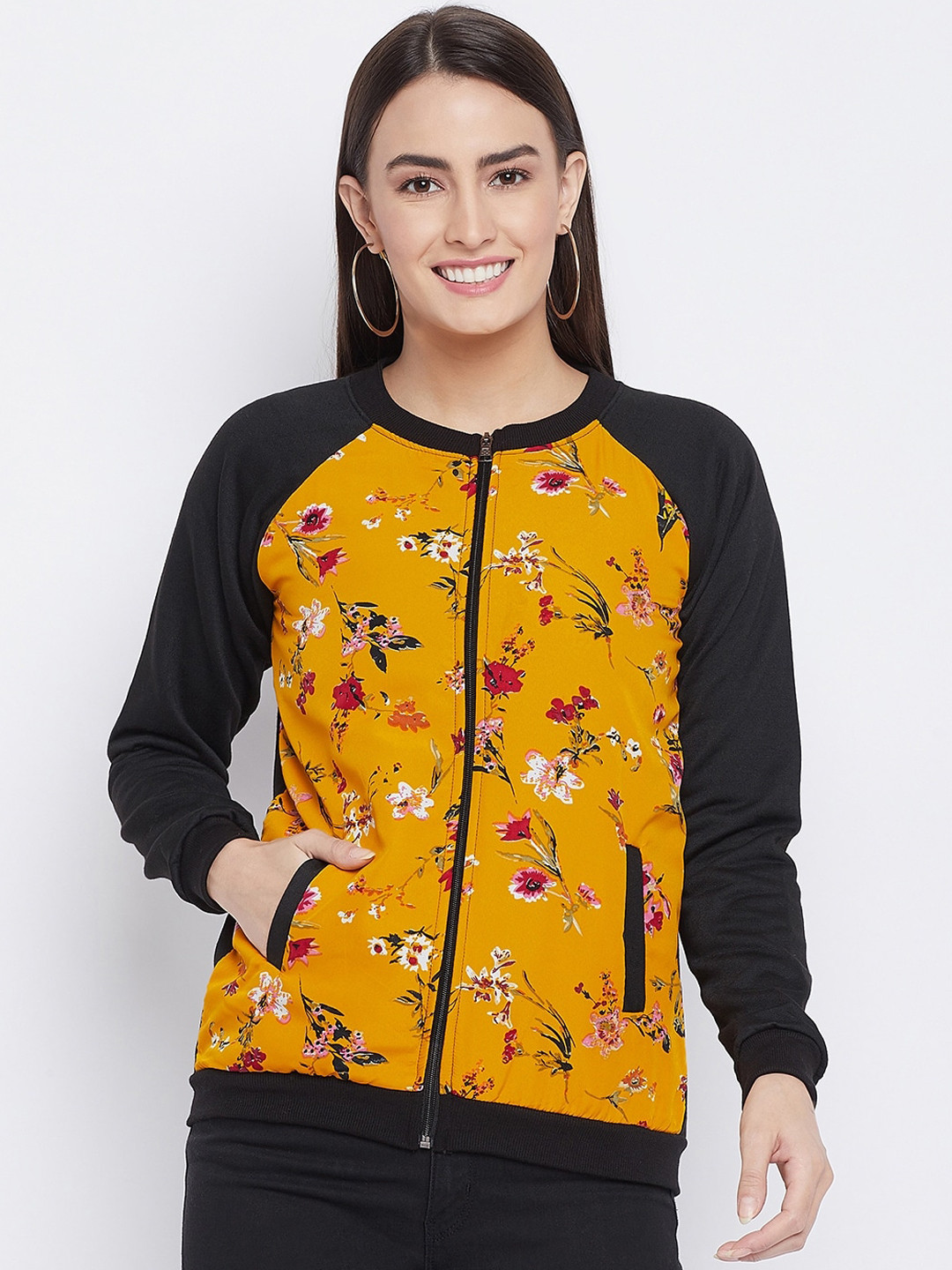 PURYS Women Black & Mustard Floral Printed Bomber Jacket