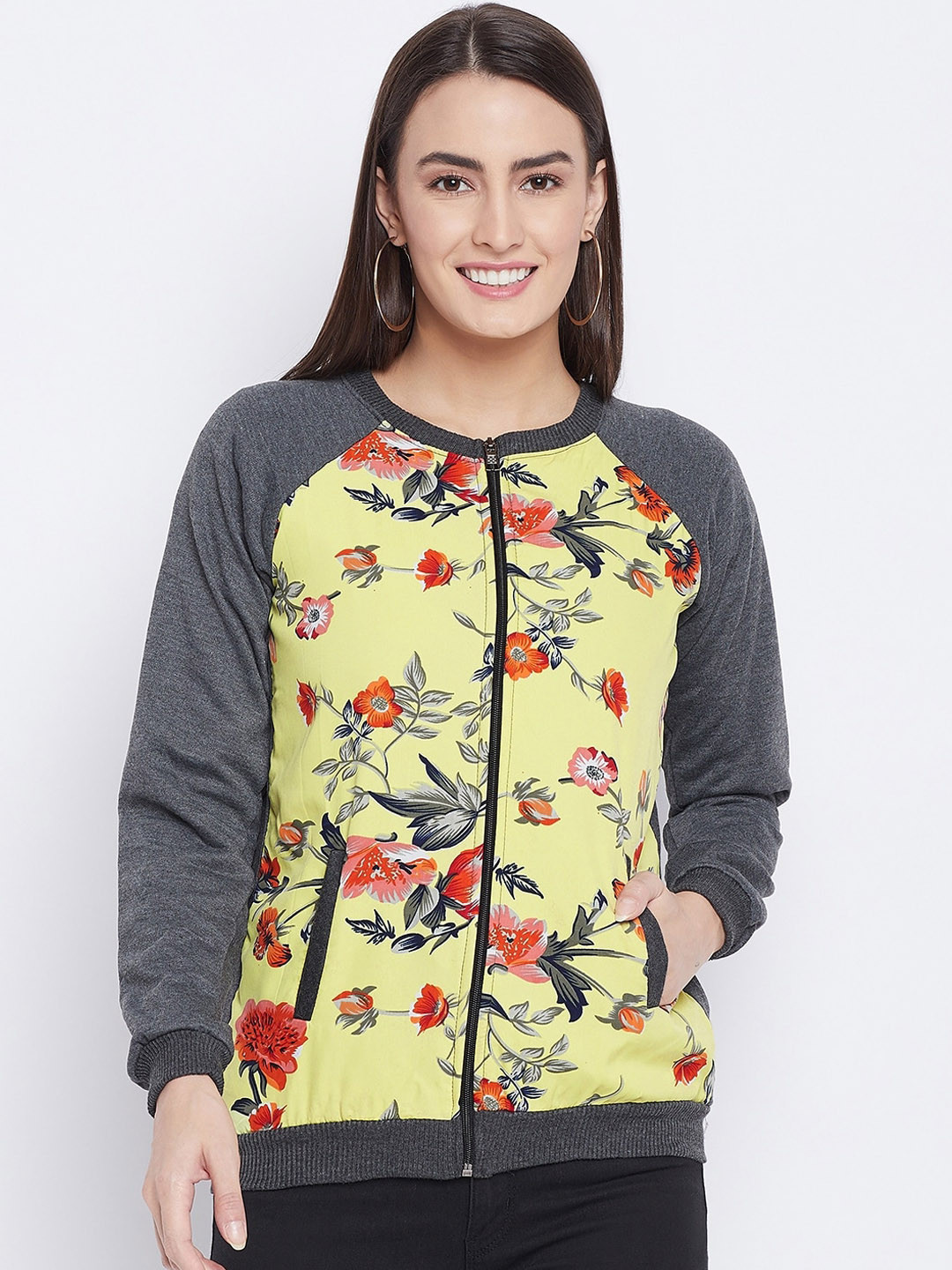 PURYS Women Grey Yellow Floral Printed Bomber Jacket