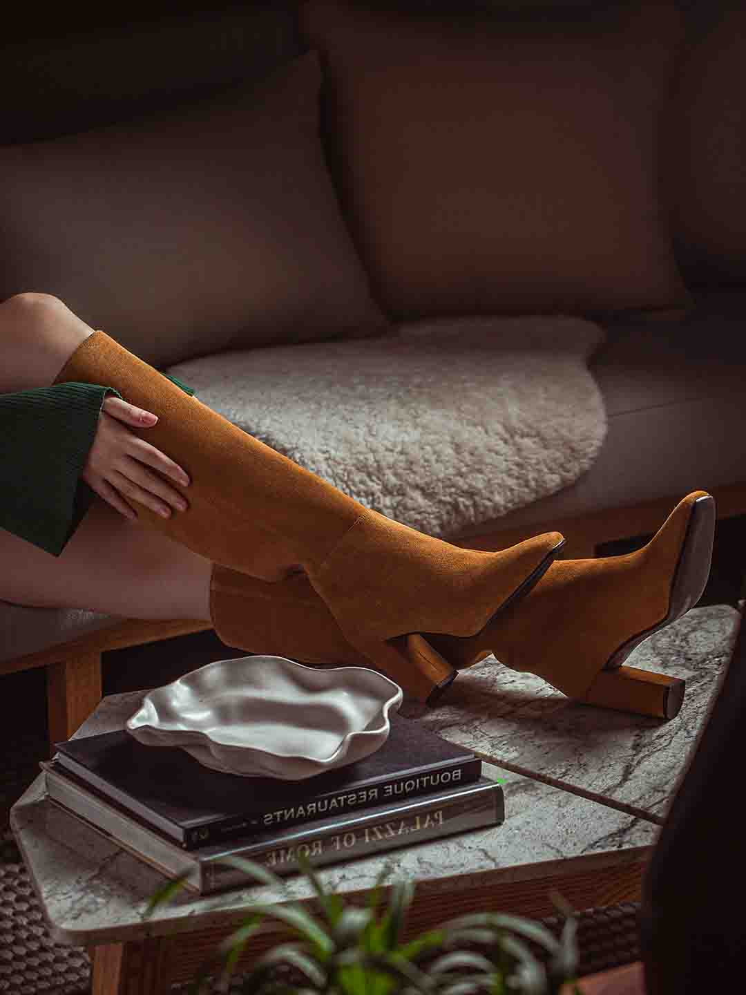 Saint G Women Tan Brown Suede Leather Knee High Slouch Boots