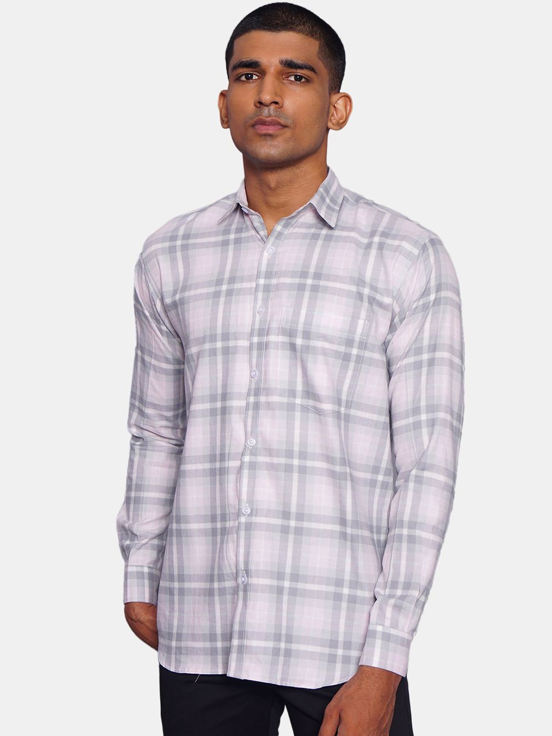 Wintage Men Pink & Grey Tartan Checks Opaque Pure Cotton Casual Shirt