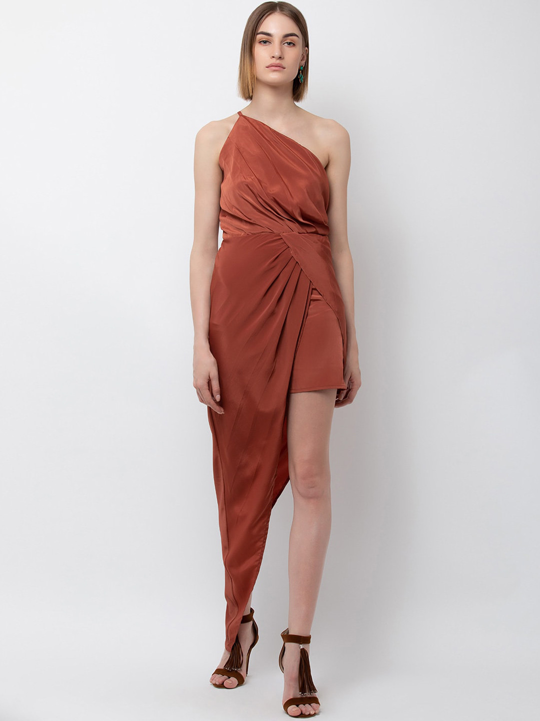 DODO & MOA Women Rust One Shoulder Maxi Dress