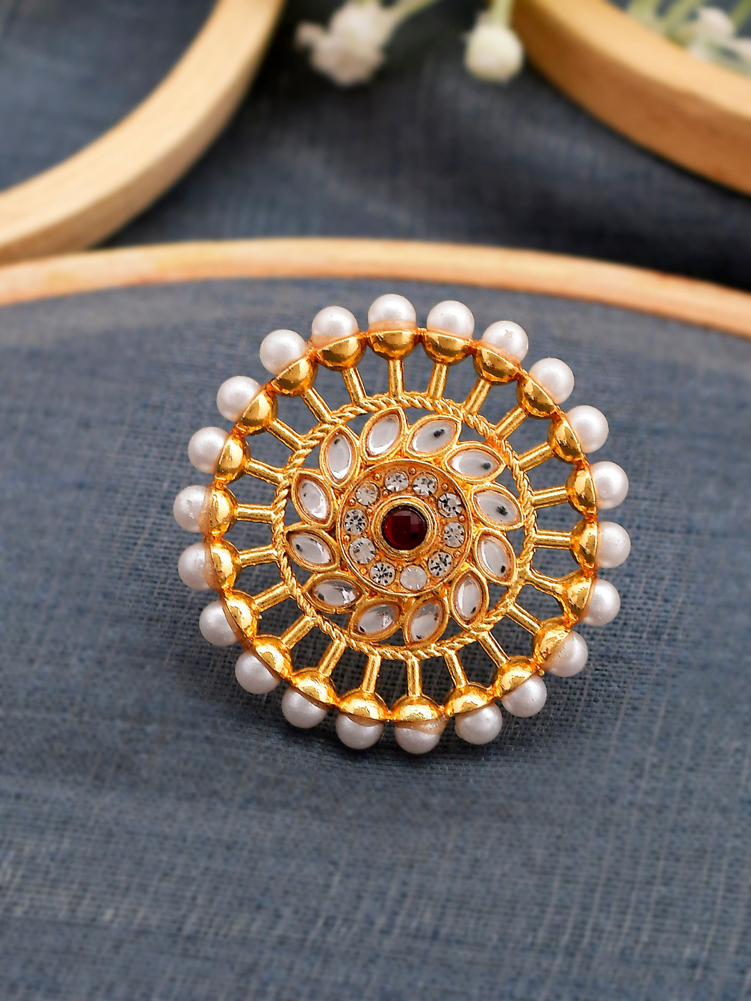 Silvermerc Designs Gold-Plated Pearl Meenakari Statement Ring