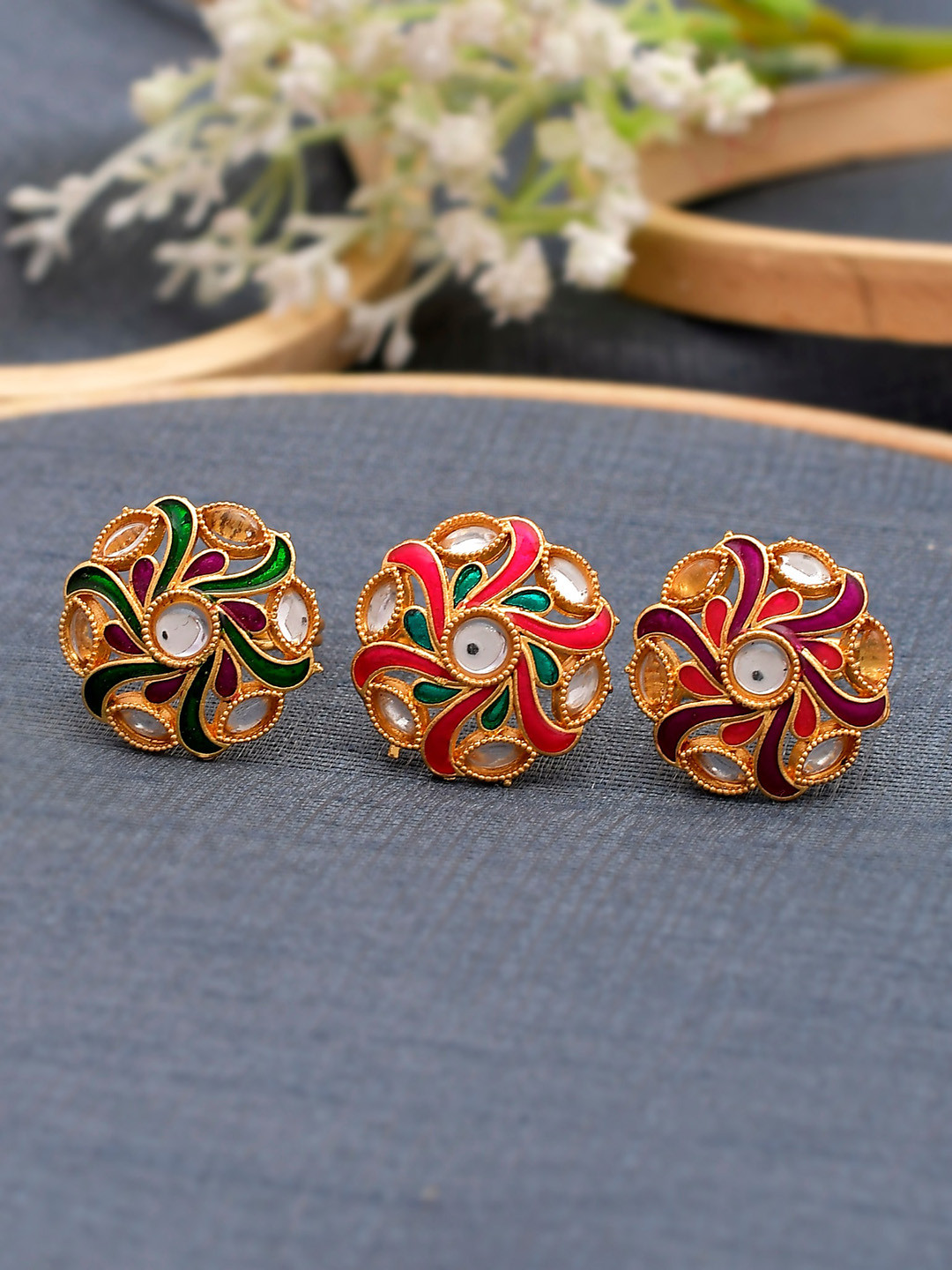 Silvermerc Designs Set Of 3 Gold-Plated White Stone-Studded Meenakari Finger Rings
