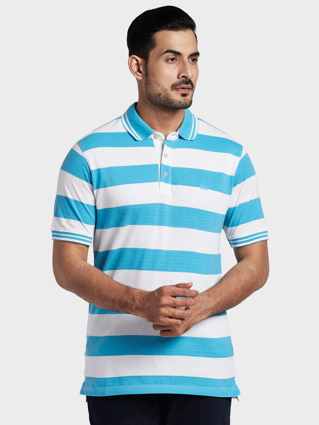 ColorPlus Men Blue & White Striped Polo Collar T-shirt