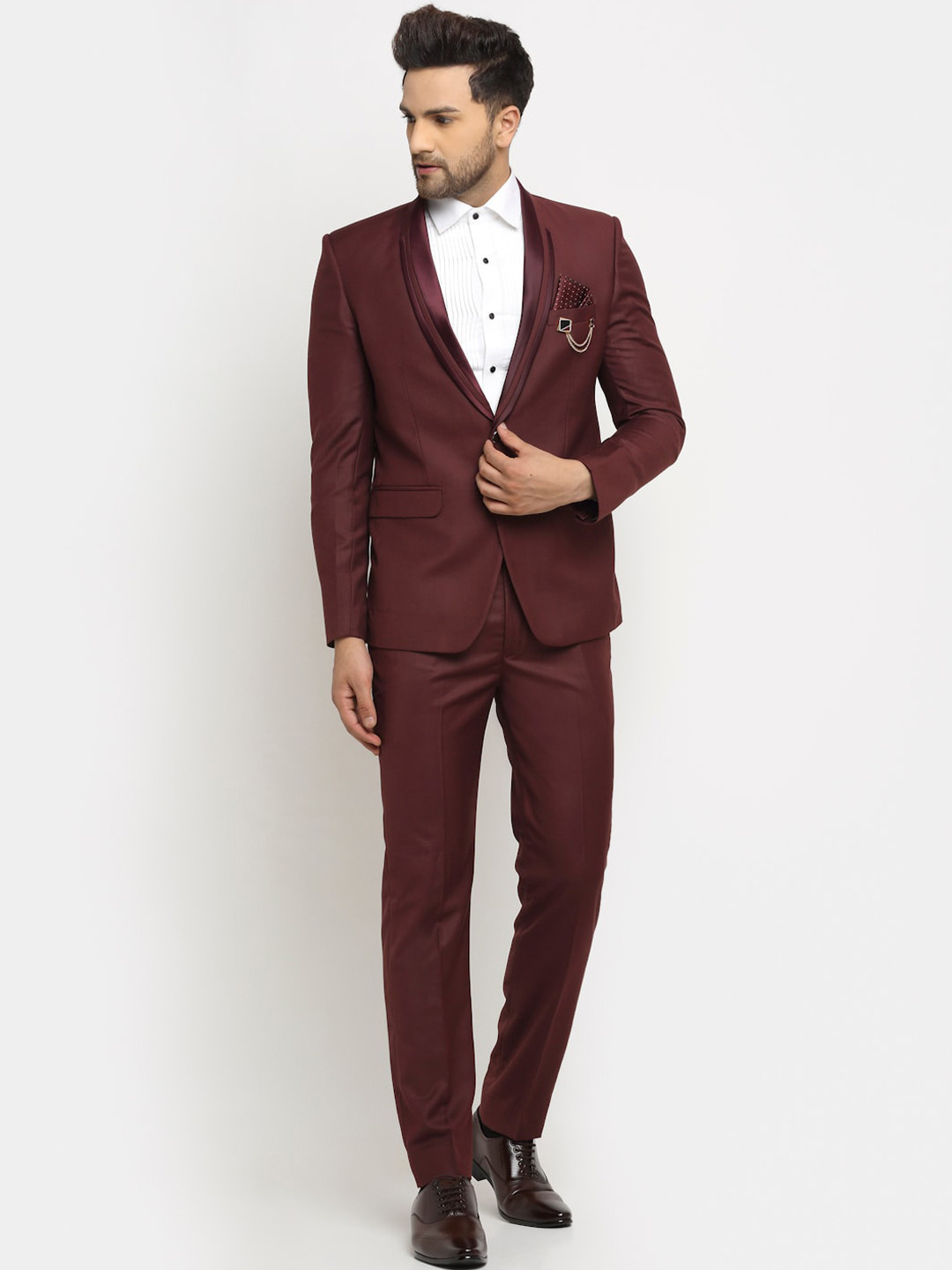 LUXURAZI Men Maroon Solid Slim-Fit Single-Breasted Two-Piece Formal Suit