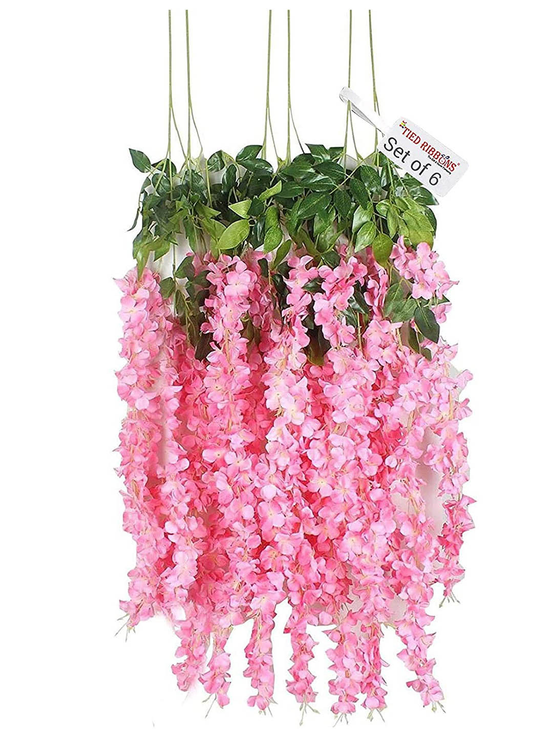 TIED RIBBONS Set Of 6 Pink & Green Artificial Hanging Wisteria Flower-Strings