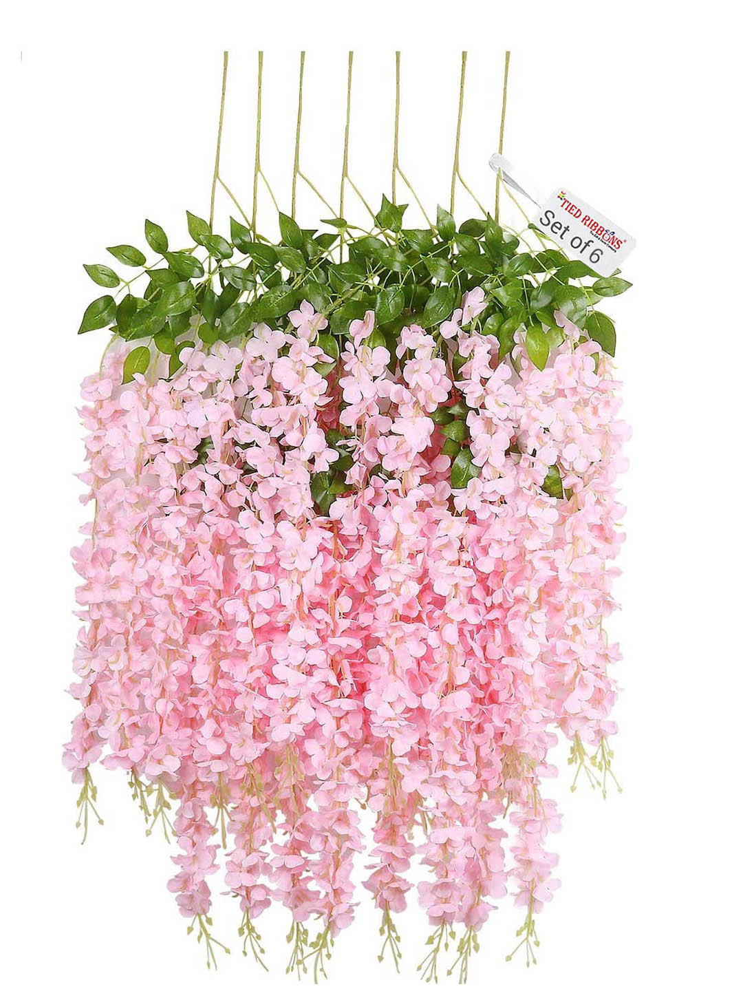 TIED RIBBONS Set Of 6 Pink & Green Artificial Hanging Wisteria Flower-Strings