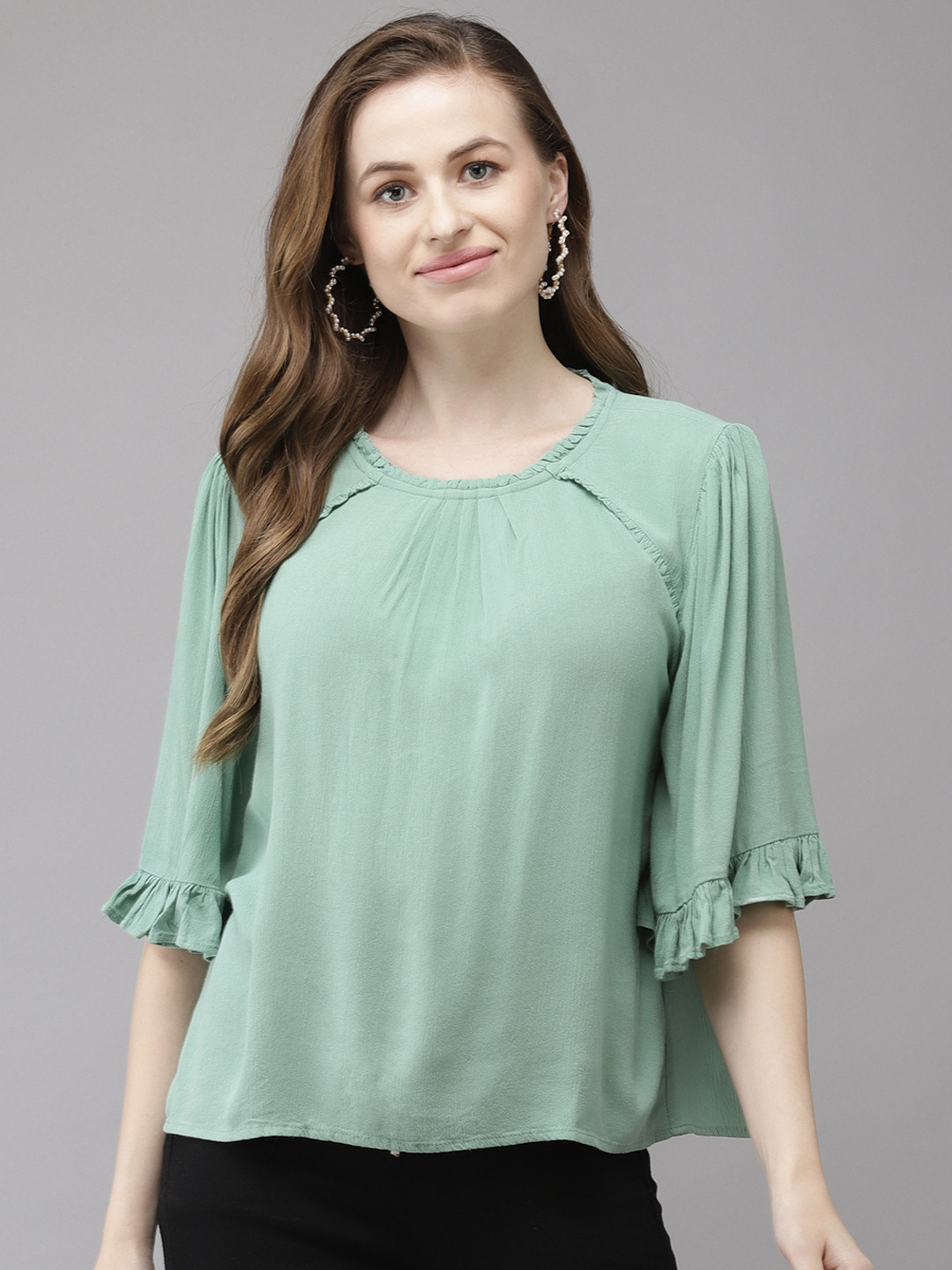 ONLY Mint Green Solid Frilled Trims Top