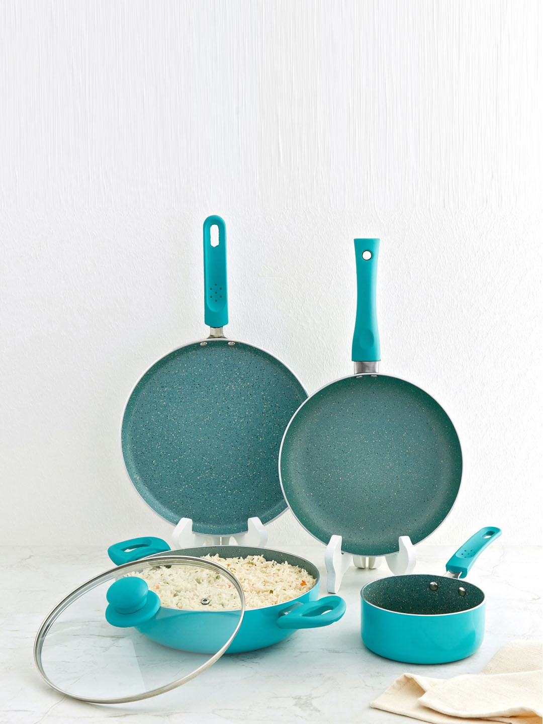 Home Centre Blue Set of 5 Marble Coated Non-Stick Aluminum Cookware Set