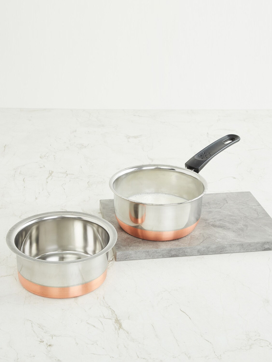 Home Centre Set of 2 Silver Toned Stainless Steel Cookware  Milk Pan and Tope