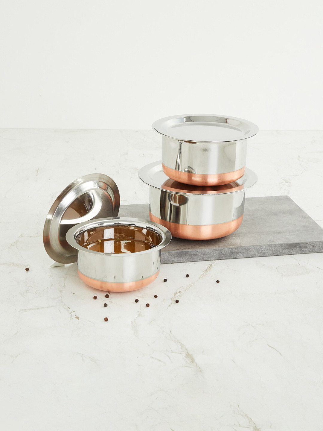 Home Centre Corsica Silver Solid Stainless Steel Tope with Lid - Set Of 3