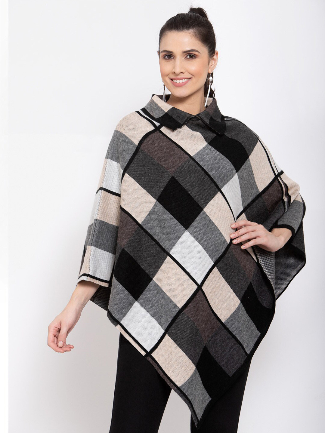 513 Women Black & Grey Checked Poncho Sweater