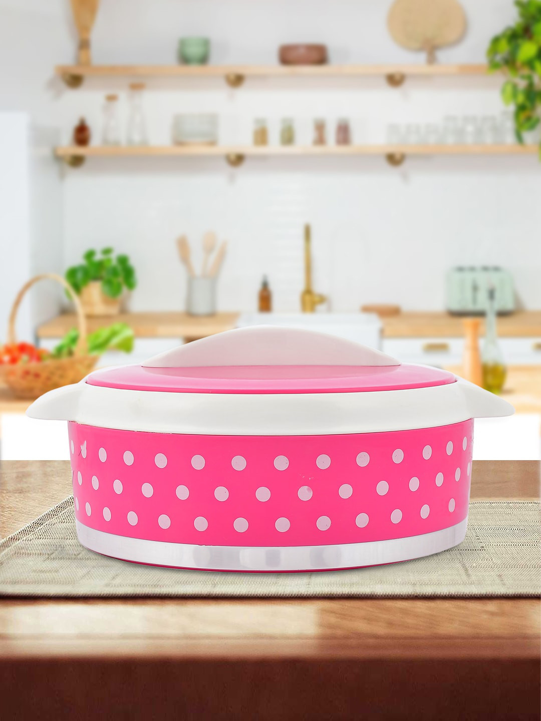 Kuber Industries Pink Dot Printed Inner Steel Casserole With Lid, 1500ml
