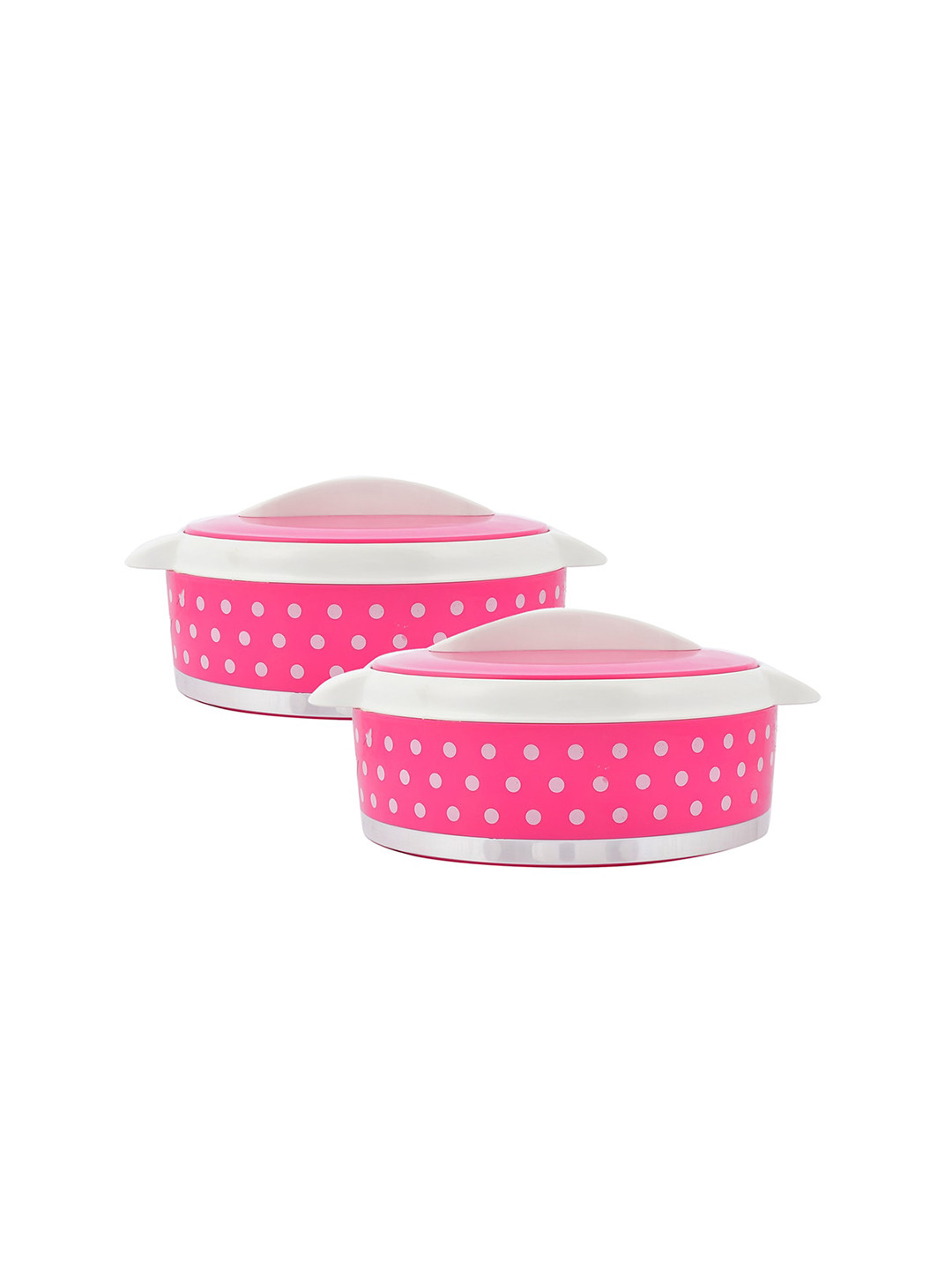 Kuber Industries Set of 2 Pink Dot Printed Inner Steel Casserole With Lid - 1.5L