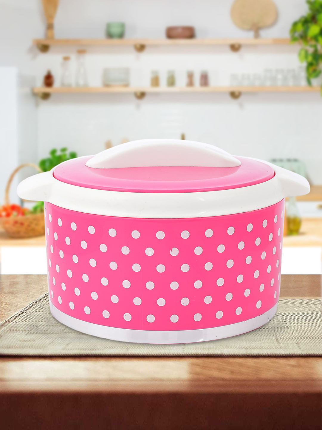 Kuber Industries Pink & White Printed Inner Steel Casserole With Lid-2500ml