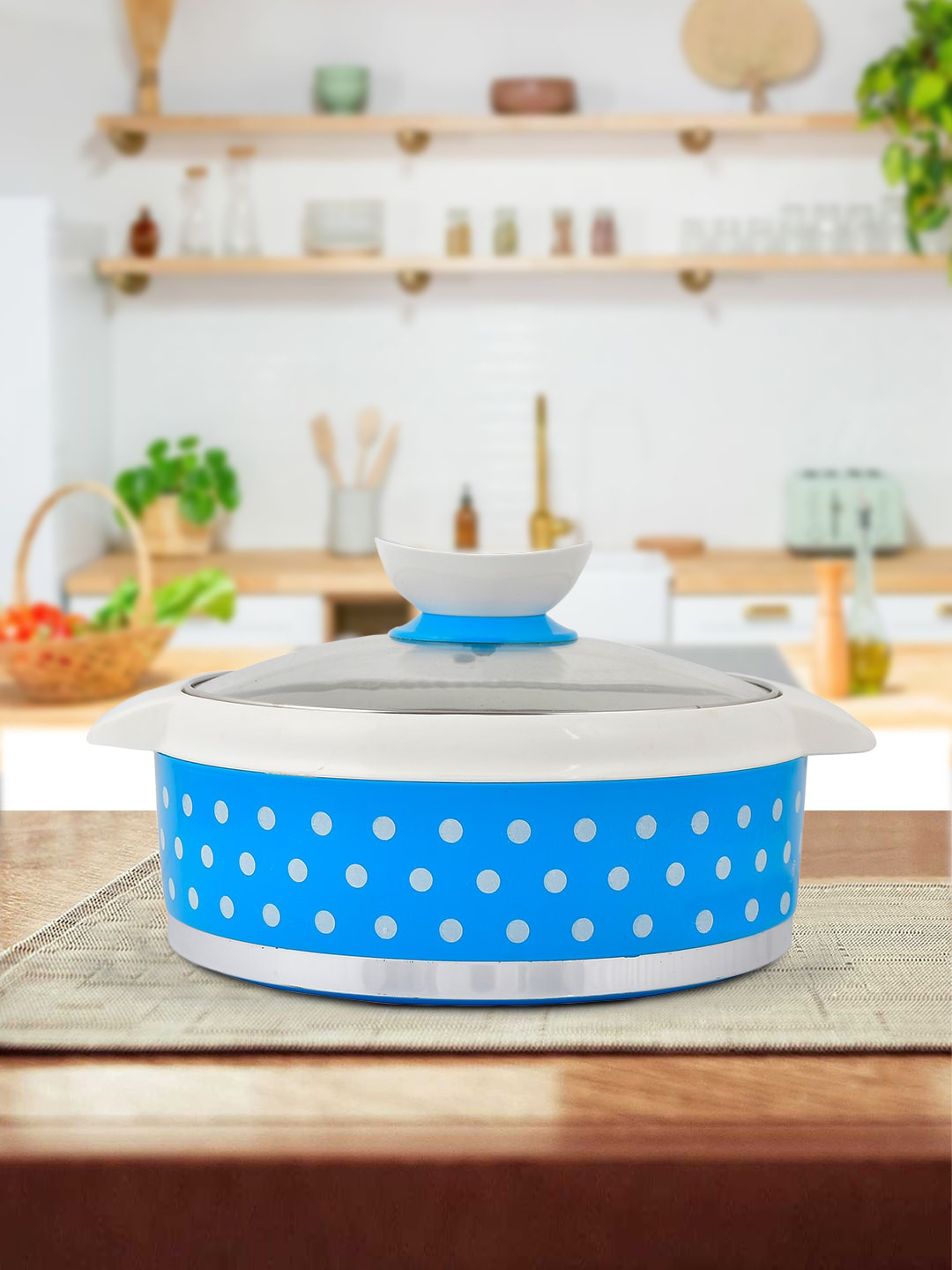 Kuber Industries Blue Designer Inner Steel Casserole With Lid - 1500 ml