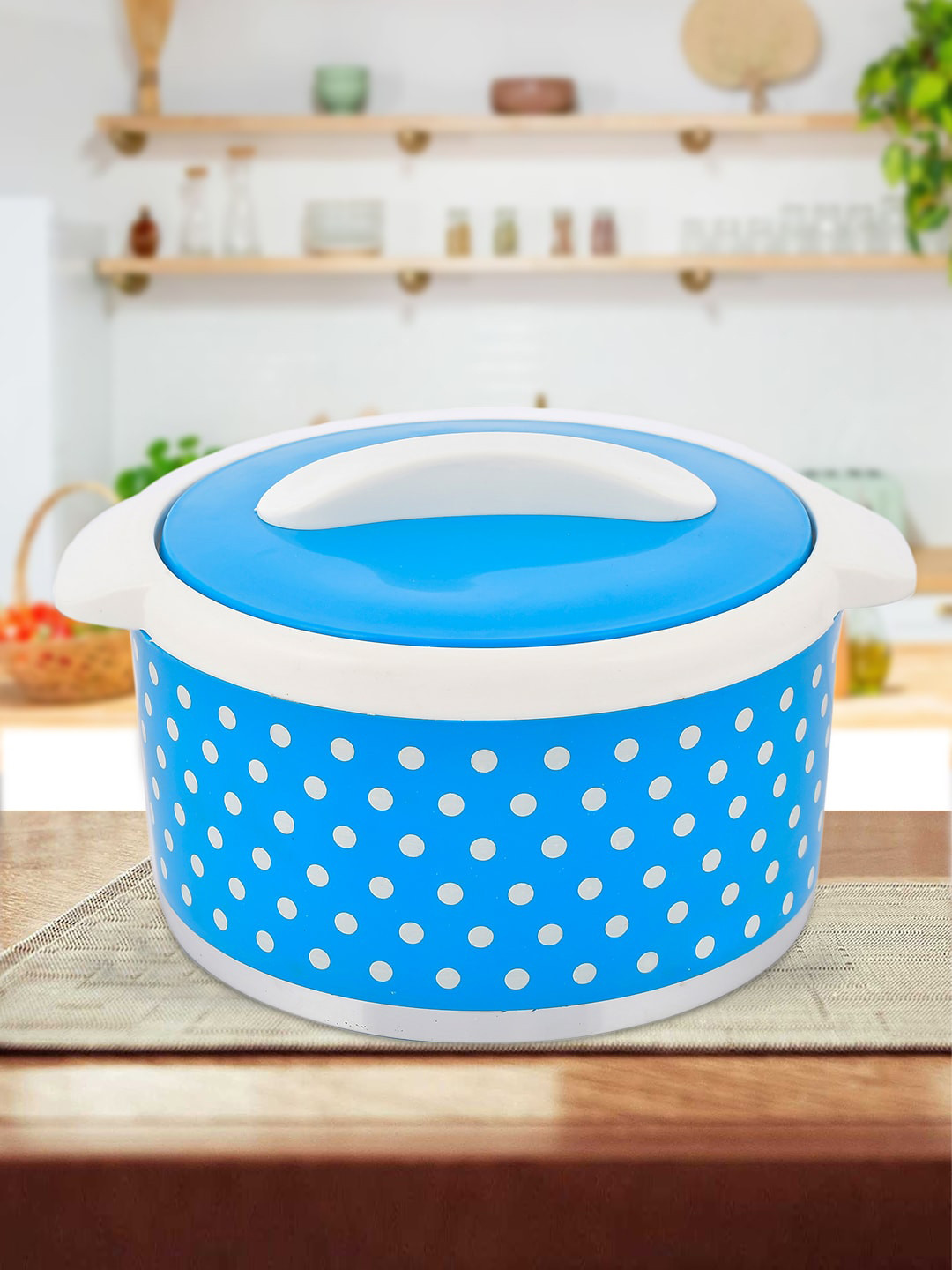 Kuber Industries Blue & White Printed Inner Steel Casserole With Lid-2500ml