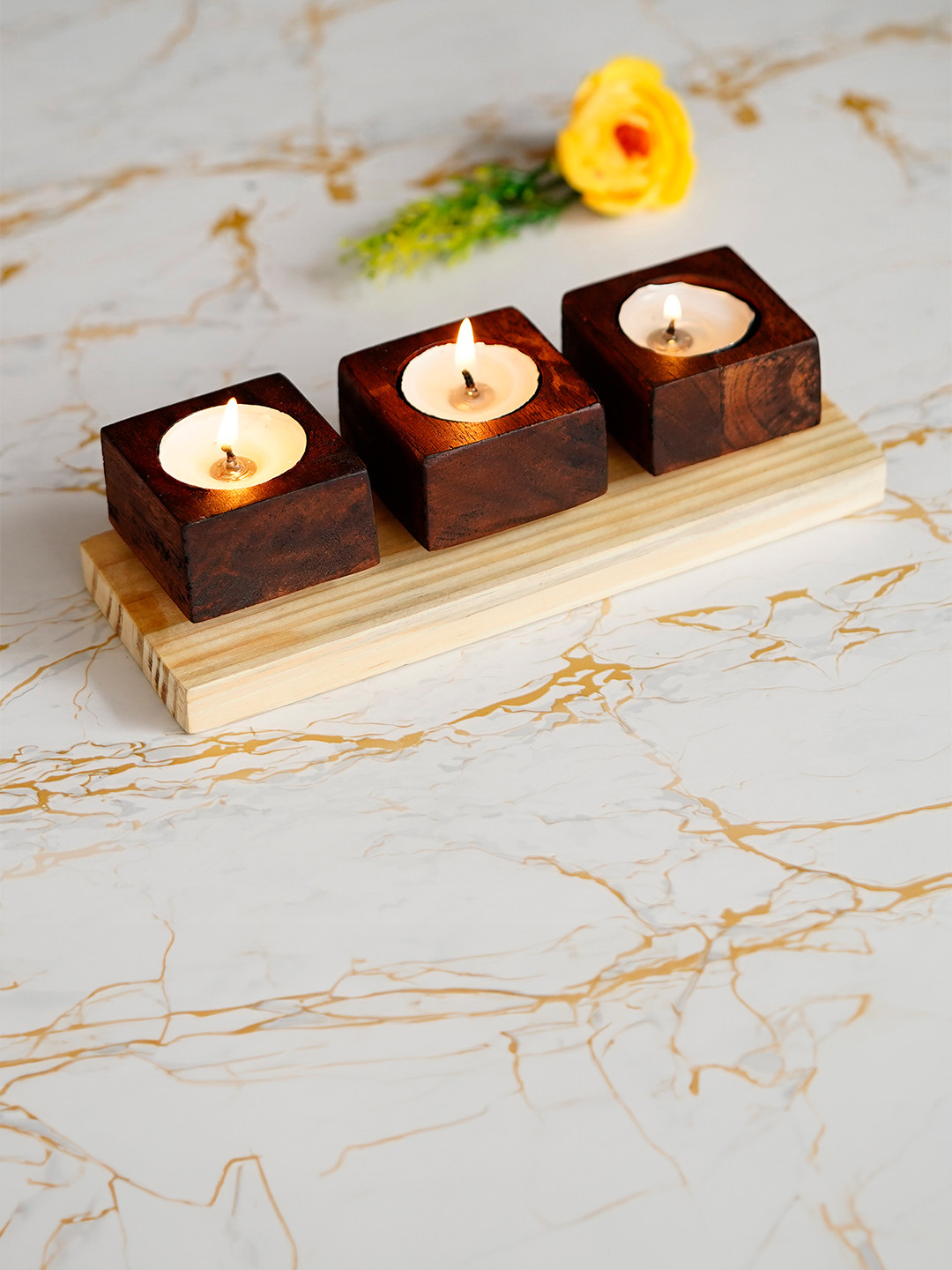 eCraftIndia Brown Set of 3 Wooden Tea Light Candle Stand