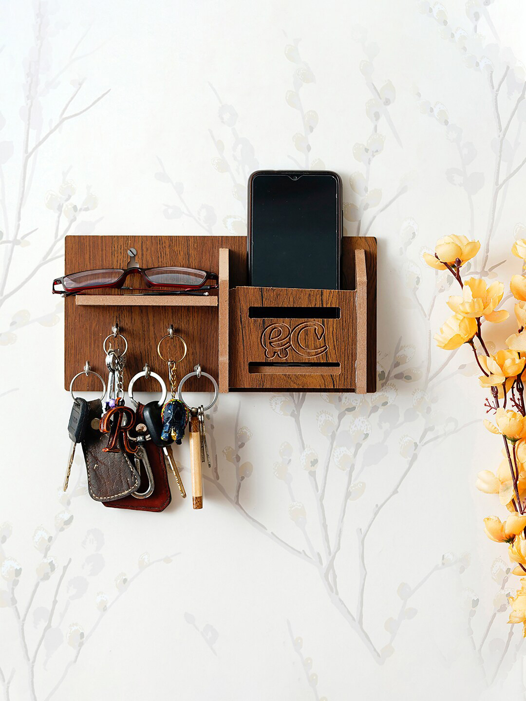 eCraftIndia Brown Solid 5 Hooks Wooden Key Holder