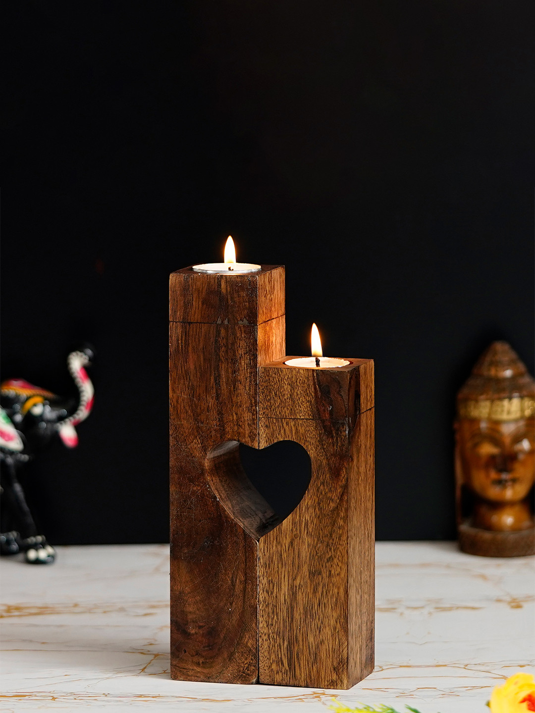 eCraftIndia Set Of 2 Brown Pillar Wooden Tea Light Candle Stands