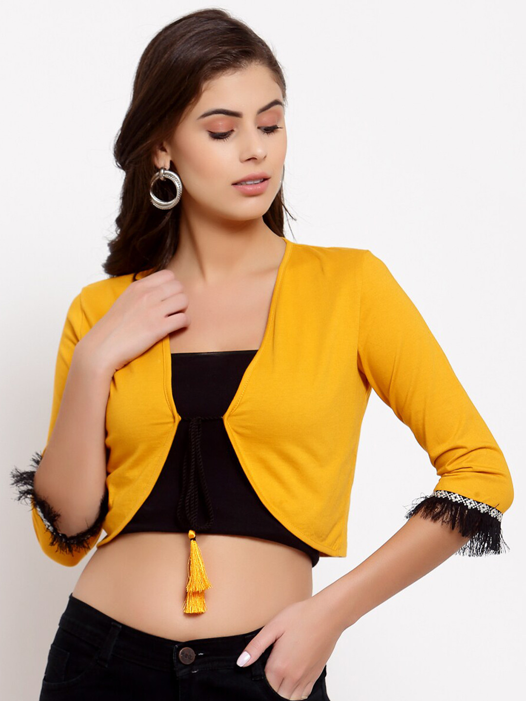 Style Quotient Women Mustard Tasselled Cotton Crop Shrug