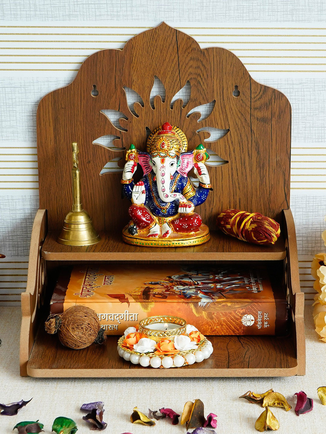eCraftIndia Wood Ethnic Motifs Antique Hanging Pooja Room Spiritual Wall Decor-11.4In