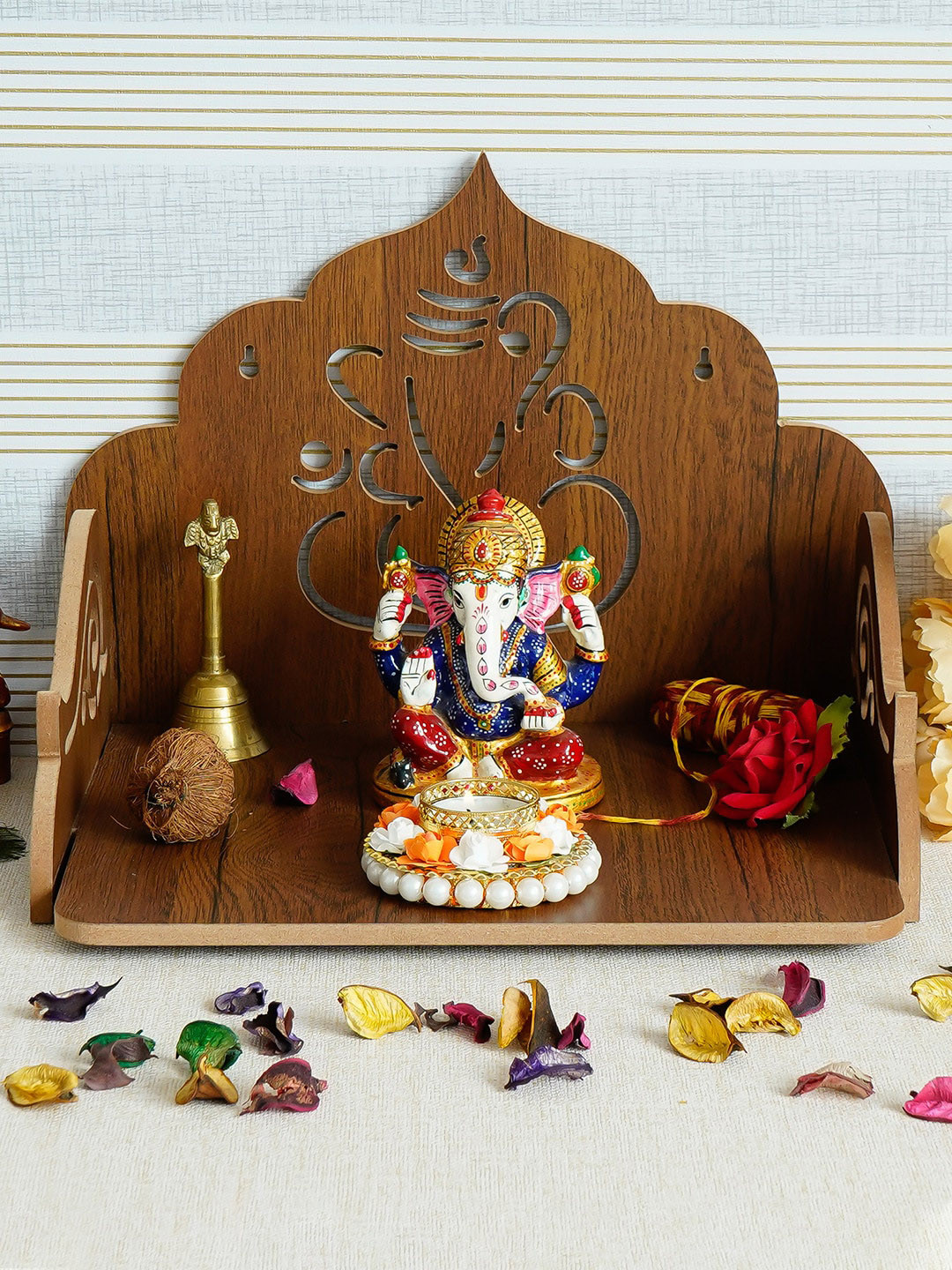 eCraftIndia Ganesha Design Wood Ethnic Motifs Glossy Pooja Room Spiritual Wall Decor-9.4In