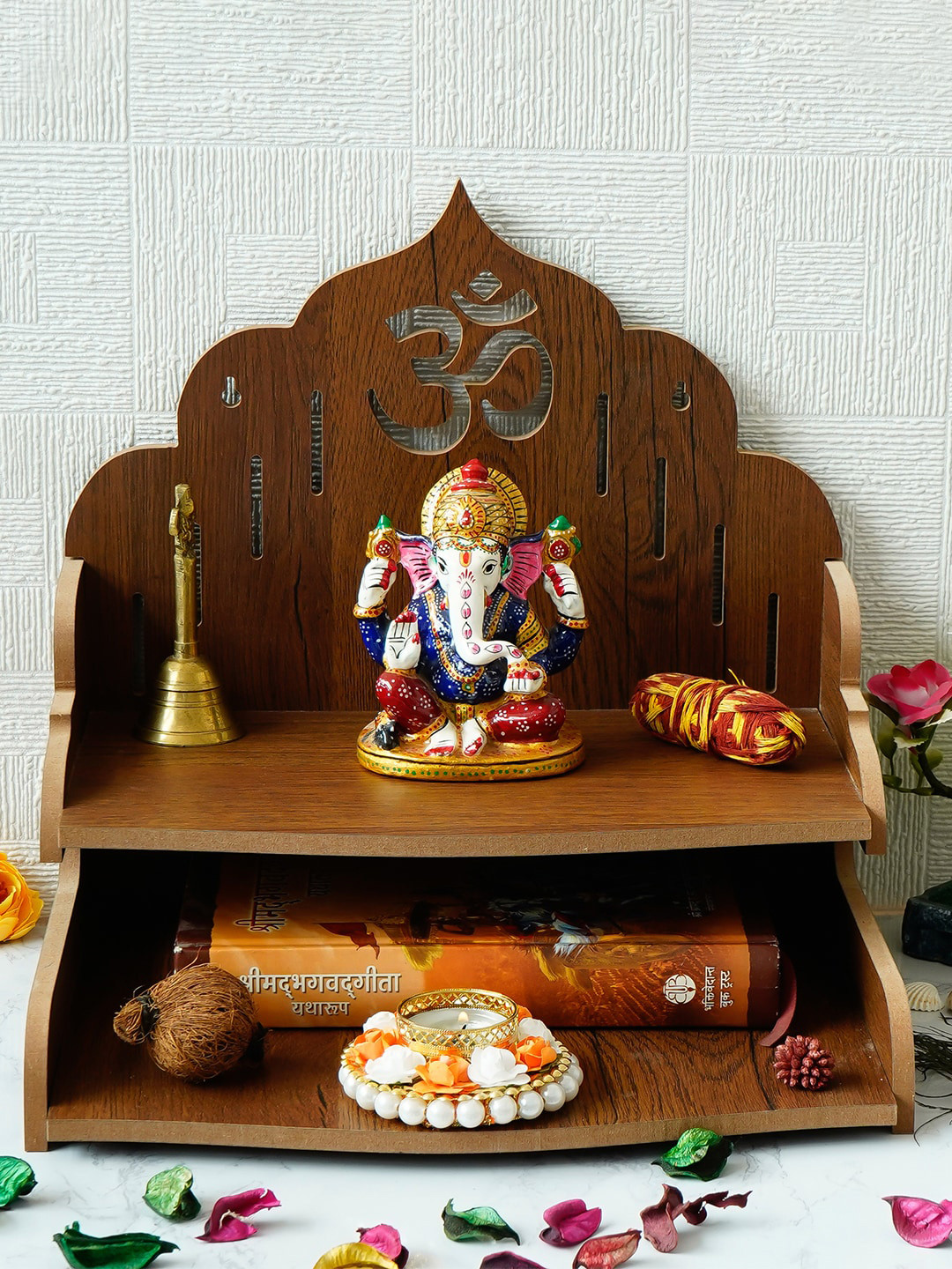 eCraftIndia Brown Om Design Laminated Wood Pooja Shelf