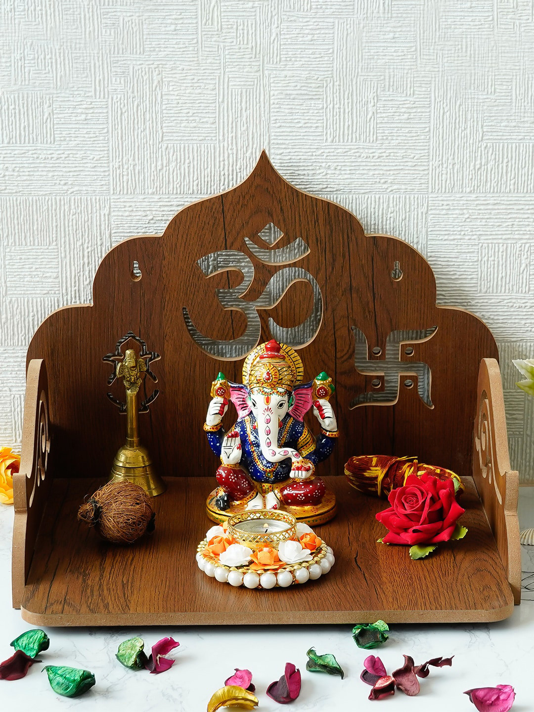 eCraftIndia Om with Swastik and Kalash Wood Ethnic Motifs Matte Spiritual Wall Decor-9.4In