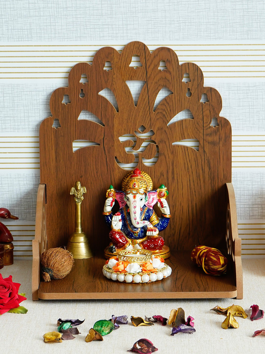 eCraftIndia Om with Bells Design Wood Ethnic Motifs Matte Spiritual Wall Decor-9.8In