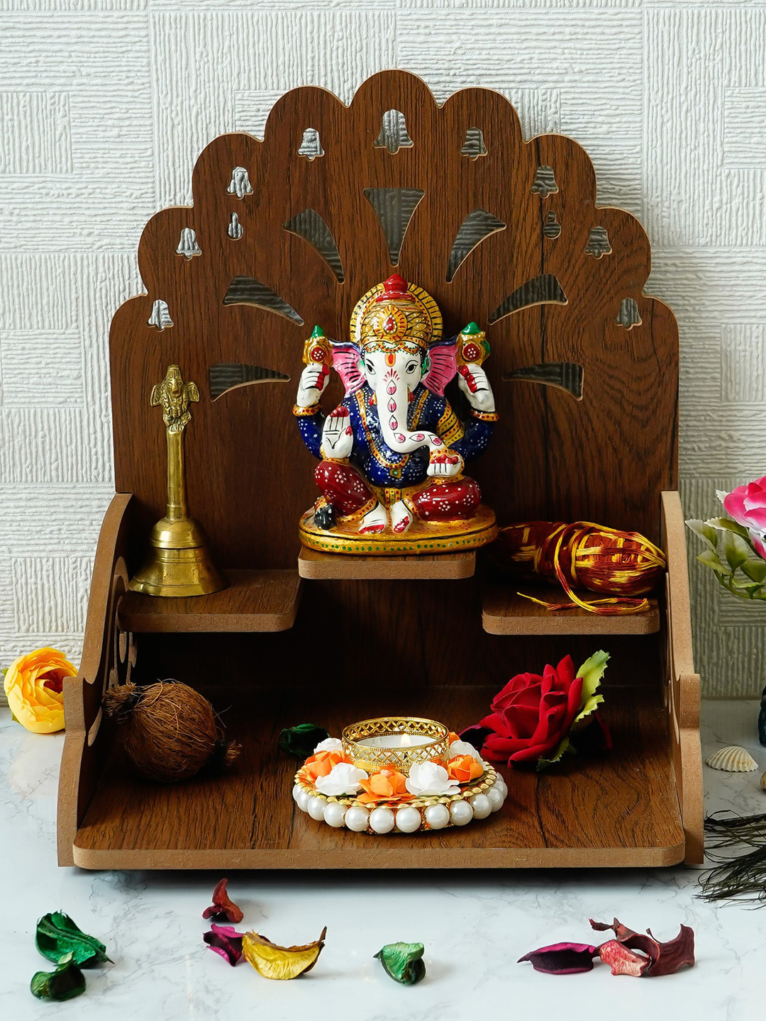 eCraftIndia Om with Bells Wood Ethnic Motifs Matte 3Pcs Spiritual Wall Decor-9.8In