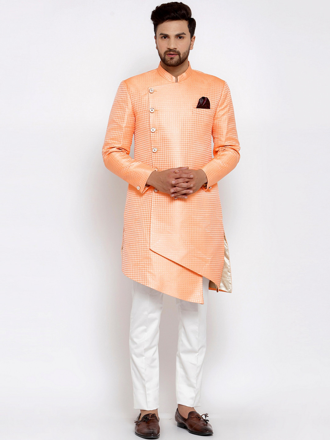 KLOTTHE Men Orange & White Woven-Design Sherwani Set