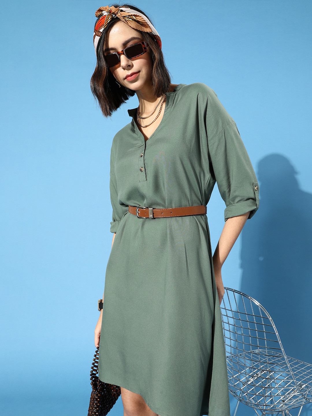 STREET 9 Women Olive Solid High-Low Dress