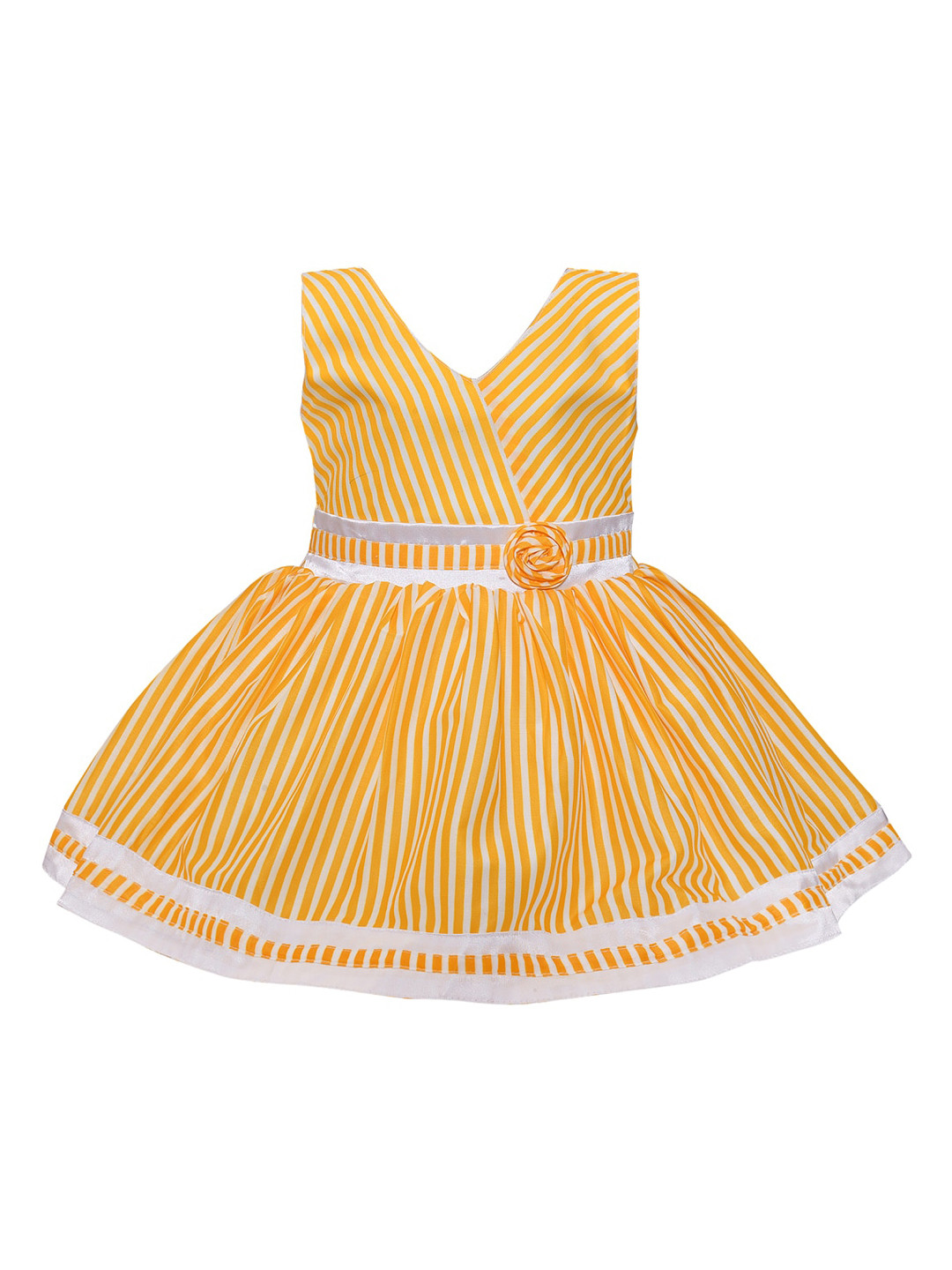 Wish Karo Girls Yellow & Off White Striped Satin Dress