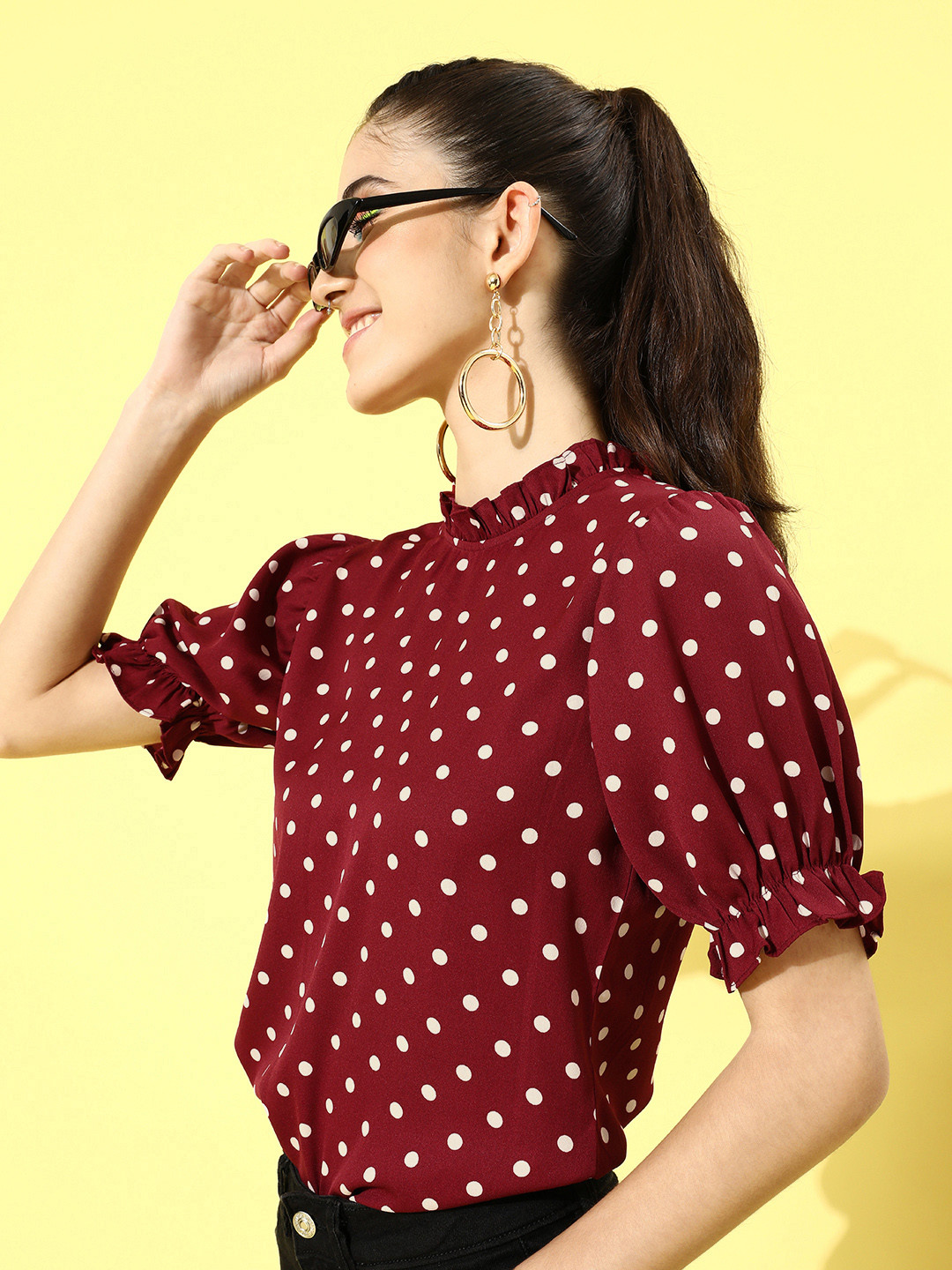 Berrylush Women Red Polka Dotted Polka-Dotted Top